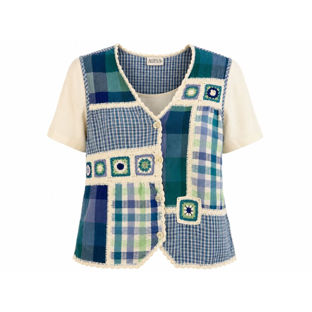 Koret Francisca Patchwork Crochet Trim Button Front Top Medium